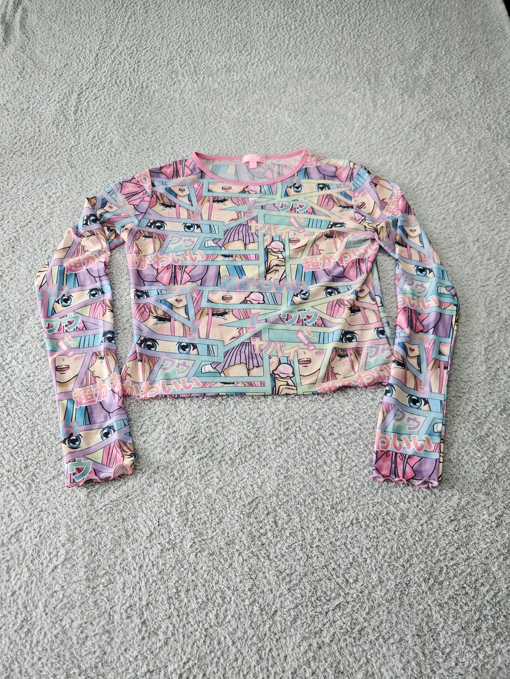 Sugar Thrillz Pastel Anime Panel Long Sleeve Crop Top - Pink, Purple, Blue